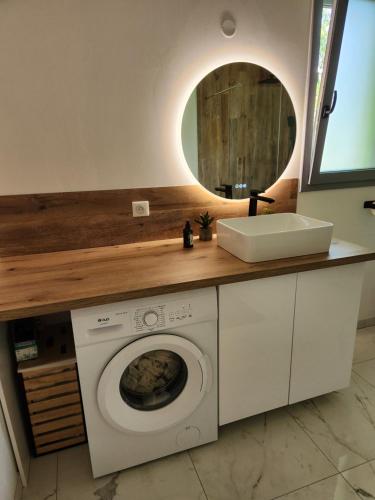 Un baño con lavadora y lavabo. en La petite maison d'Adèle, en Hargeville-sur-Chée