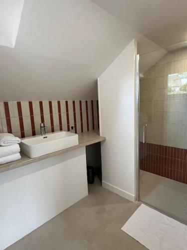 une salle de bain avec un lavabo et une douche dans l'établissement Belle maison de vacances proche de la plage, à Combrit