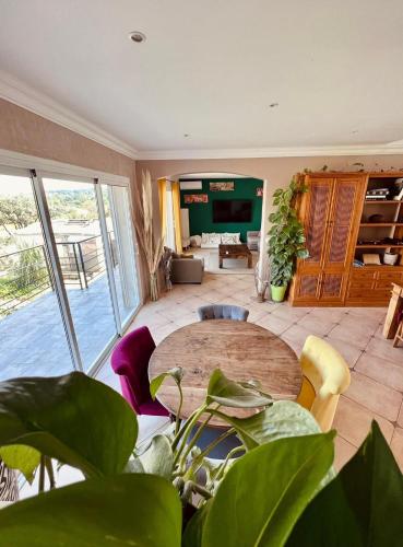 un salon avec une table et des plantes dans l'établissement Villa spacieuse avec pisicne, à Villetelle