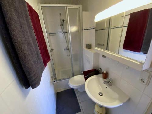 a bathroom with a sink and a shower and a toilet at Ferienwohnung "Strandoase" in Burhave