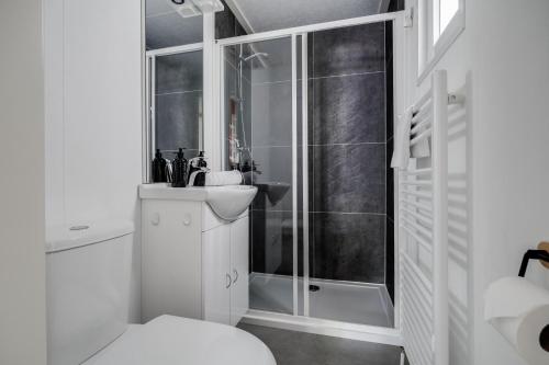 a white bathroom with a shower and a toilet at Heerlijk huisje op de Veluwe in Hoenderloo