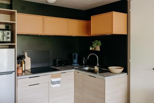 a kitchen with brown cabinets and a sink at Slow Village Anduze - Cévennes in Corbés