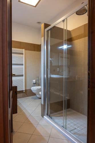 a bathroom with a glass shower and a toilet at Al Castello Resort in Sillavengo