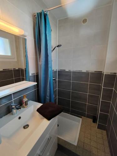 une salle de bain avec un lavabo et une douche dans l'établissement Le Surréaliste près de Nancy, à Varangéville