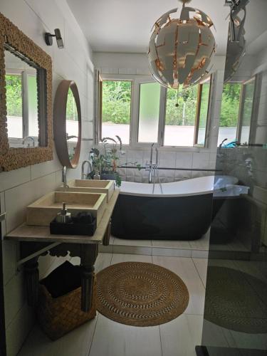 une salle de bain avec une grande baignoire et un grand miroir dans l'établissement La petite galerie, à Bagneaux-sur-Loing