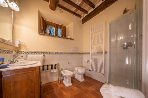 a bathroom with a toilet and a sink and a shower at Villa Borgo San Pietro in Cortona