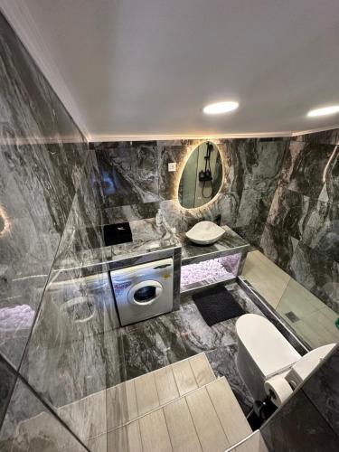 a bathroom with a toilet and a mirror at Asteris luxury house in Polygryos
