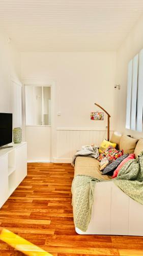 un salon avec un canapé et une télévision dans l'établissement Ile de Malvy, à Saint-Simeux