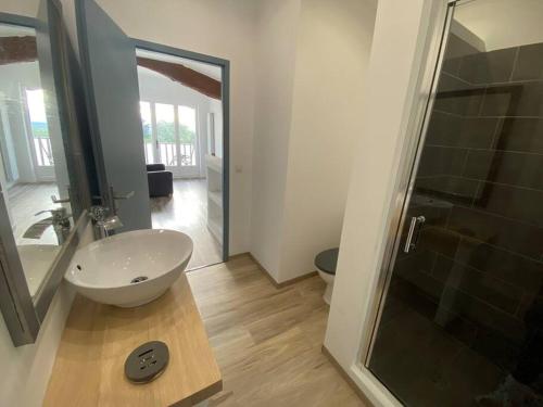 une salle de bain avec un lavabo blanc et une douche dans l'établissement Villa Pelanghi, maison Atypique en Drôme des collines, à Moras-en-Valloire