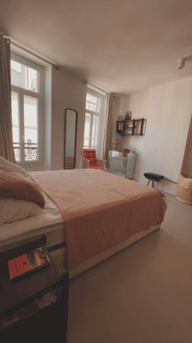 une chambre avec un grand lit et deux fenêtres dans l'établissement Appartement lumineux Marseille centre, à Marseille