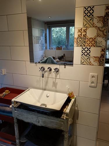 une salle de bain avec un lavabo et un miroir dans l'établissement Bohémienne, à La Celle-sous-Gouzon