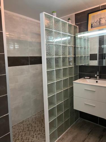 une salle de bain avec un lavabo et un miroir dans l'établissement Château leenhardt, au Grau-du-Roi