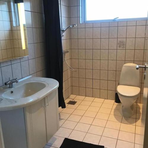 a bathroom with a sink and a toilet and a window at Hilmor's Lejligheder in Viborg