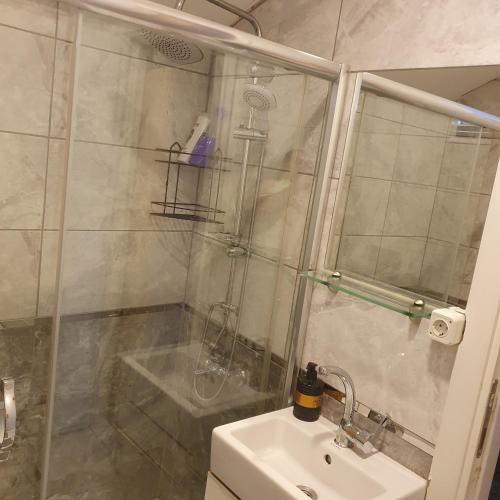 a shower with a glass door next to a white sink at Levent Apartments in Istanbul