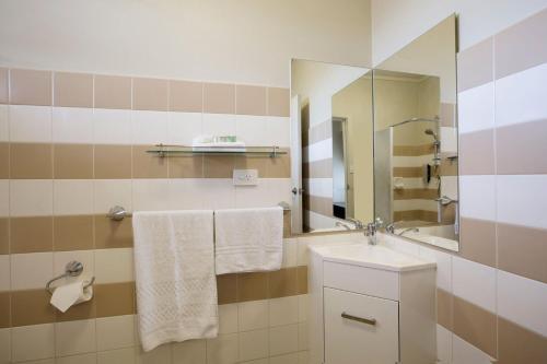 
a bathroom with a sink, mirror, towel rack and towel dispenser at Enfield Hotel in Adelaide
