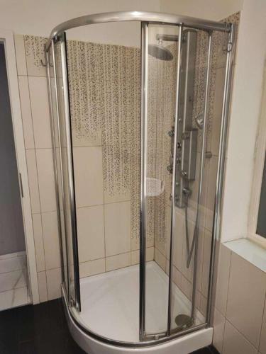 a shower with a glass enclosure in a bathroom at Central Vienna Apartment with unique 40m2 city garden & self check in in Vienna