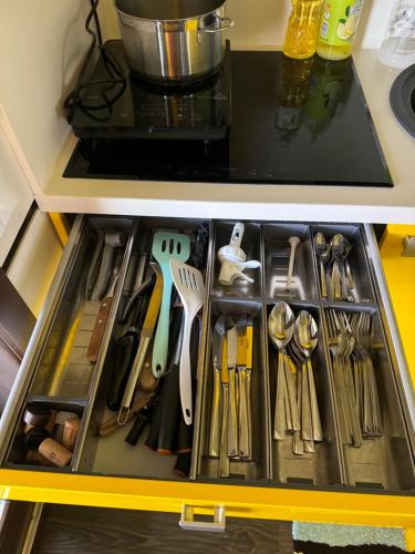 a drawer in a cabinet filled with utensils at Daugava in Aizkraukle