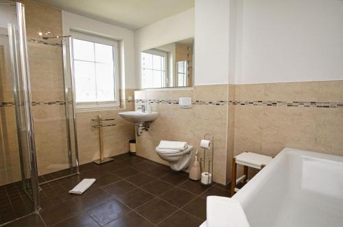 a bathroom with a toilet and a sink and a shower at Villa Vogelblick Haushälfte 01 in Vaschvitz