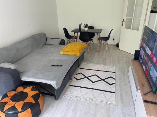 un salon avec un canapé et une table dans l'établissement L'Olympe de Deuil 10 min de Paris 1 min de la gare, à Deuil-la-Barre