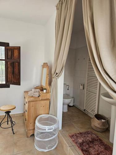 a bathroom with a toilet and a sink and a mirror at Villa Finca el Carril in Vélez de Benaudalla
