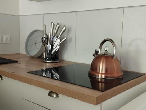 - une bouilloire sur un comptoir dans la cuisine dans l'établissement gîte Couleur Cuivre, à Cerdon