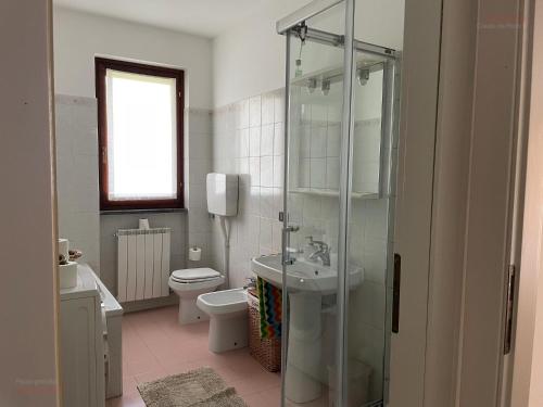 a bathroom with a shower and a toilet and a sink at La casa del Conte - Feriolo di Baveno con giardino privato in Baveno