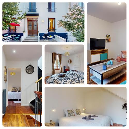 un collage de photos d'une chambre et d'un salon dans l'établissement Maison de ville proche Gare-Terrasse-WIFI, à Alfortville