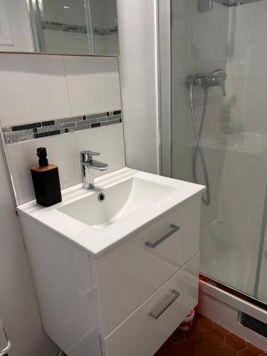 une salle de bain avec un lavabo blanc et une douche dans l'établissement Renovated flat near Tour Eiffel, à Paris