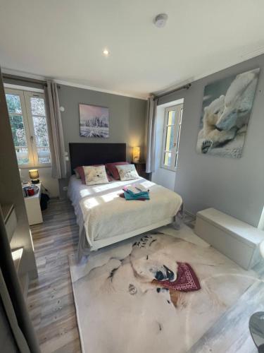 - une chambre avec un lit et un chien posé sur un tapis dans l'établissement la montagnette T2 MAISON EN TRAVAUX DE 10H A 17H, à Moutiers