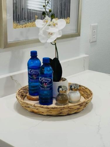 a basket with two bottles of water and a flower at Walk Everywhere! 1-bedroom Gem In Downtown Hub in New Port Richey