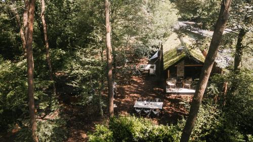 an aerial view of a cabin in the woods at Tiny House Veluwse Vlucht in Stroe