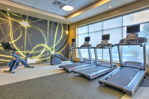 a gym with treadmills and exercise bikes in front of a window at Hilton Garden Inn Dallas Arlington in Arlington