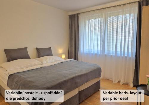 a bedroom with a large bed and a large window at Apartmán Vital na Pálavě - ubytování & životní restart in Pasohlávky