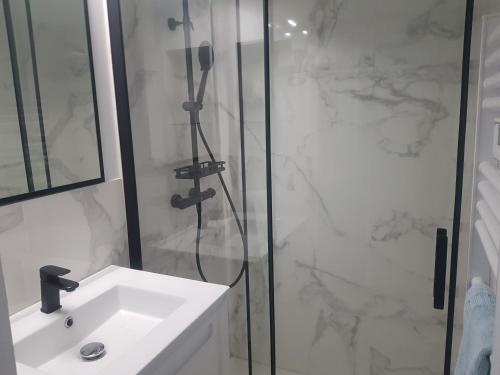 a white bathroom with a shower and a sink at La Maison Haute in Nailhac