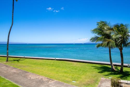 a view of the ocean from a park with palm trees at Amazing Sunsets Oceanfront Views - indigomaui - in Kahana