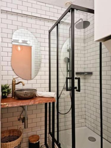 une salle de bain avec une douche, un lavabo et un miroir dans l'établissement Manaslu plein centre charmant et chaleureux, à Annecy