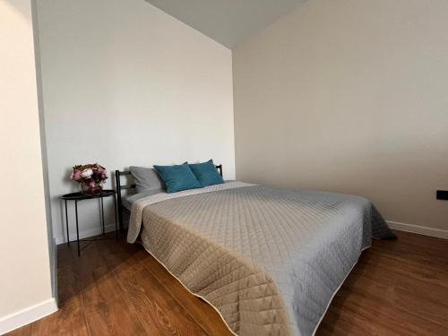 a bedroom with a bed with blue pillows on it at Апартаменты ЖК АТАМЕКЕН in Karagandy