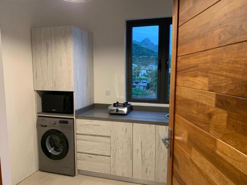 a kitchen with a washing machine and a window at Luxnar FF Wave in La Gaulette