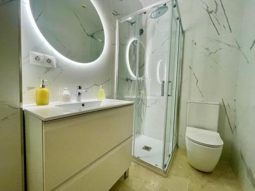 a bathroom with a shower and a sink and a toilet at Eva Recommends Catedral Confort in Seville