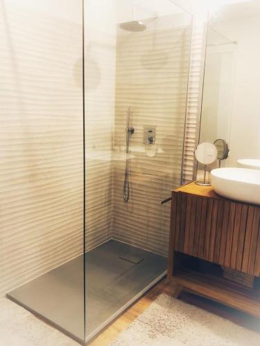une salle de bain avec une douche en verre et un lavabo dans l'établissement Suite Offenbach FSHH, à Nice