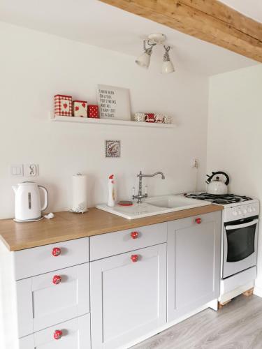 a white kitchen with a sink and a stove at Red Bed in Jankowice