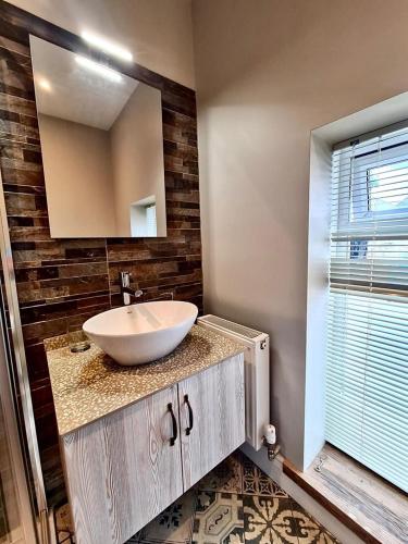a bathroom with a sink and a mirror at Castle Mill Cottages in Wexford