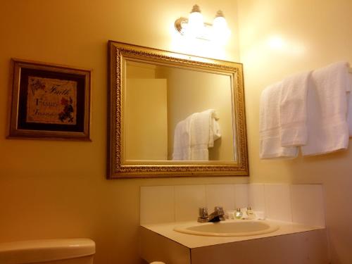 a bathroom with a sink and a mirror at Alpine Lodge Motel & Restaurant in Grande Cache