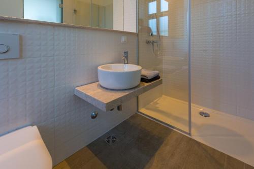 Un baño con lavabo y ducha de cristal. en VILLA ERIKA, en Crikvenica