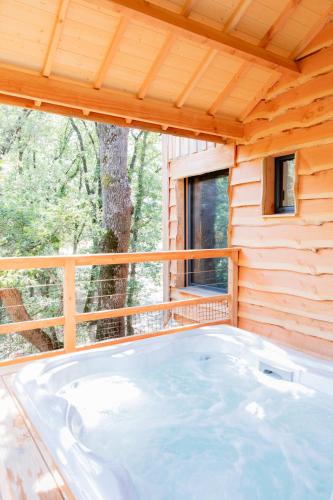 a hot tub in a cabin with a window at Dolce et Cabane in Bérat