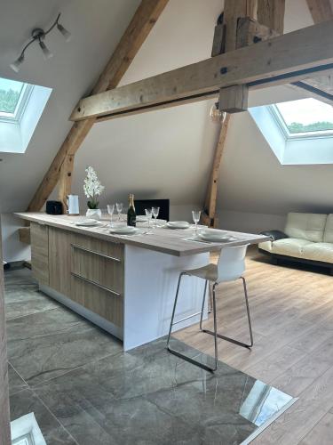 une cuisine avec un îlot blanc dans une pièce avec puits de lumière dans l'établissement Appartement Annecy 74, à Chavanod