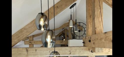 deux vases en verre suspendus au plafond dans une pièce dans l'établissement Appartement Annecy 74, à Chavanod