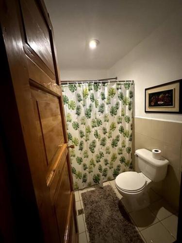 a bathroom with a toilet and a shower curtain at Beautiful Lake Front House AT001 in Sololá