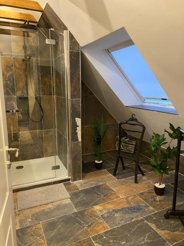 a bathroom with a shower and a skylight at Romantic Greenhouse in Syke