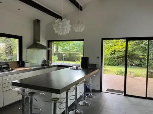 une cuisine avec un grand îlot avec un comptoir noir dans l'établissement Maison de charme à Savigny-sur-Clairis avec piscine et sauna., à Savigny-sur-Clairis